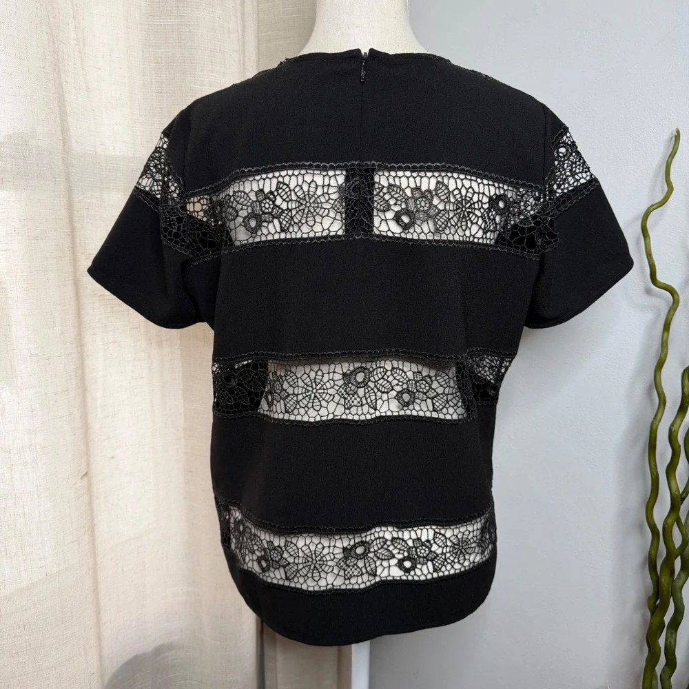 Anne Fontaine Miyuki Open Lace Stripe Blouse Black Floral Short Sleeve Womens 42 - Picture 2 of 9